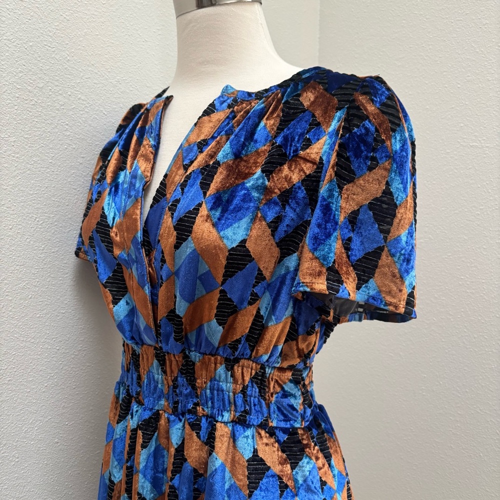 Anthropologie Somerset Mini Dress Velvet Geometric Blue Rust Motif Size Small - Picture 4 of 11